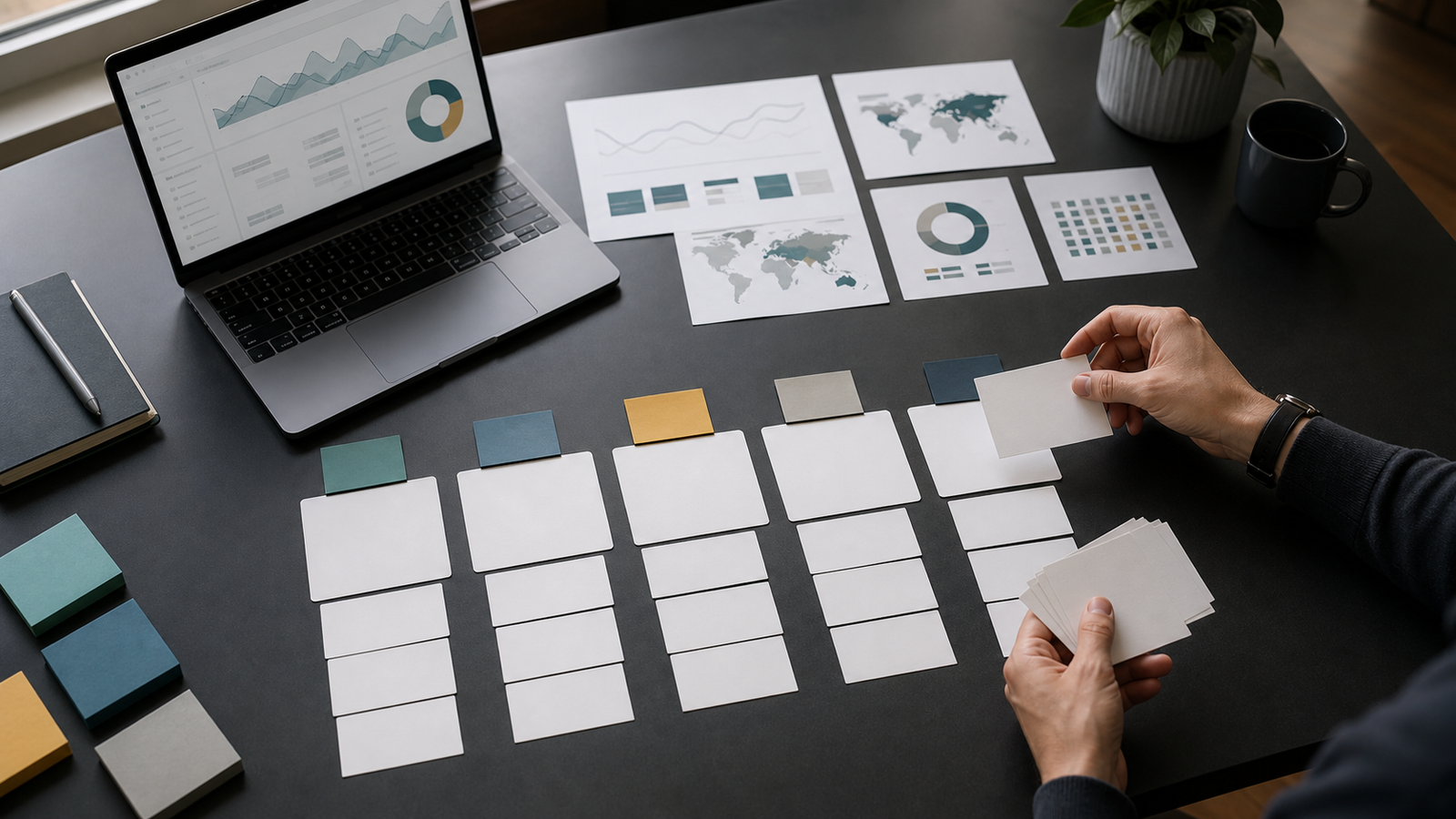 Hands sorting abstract Search Console evidence cards into page, query, country, device, and date buckets