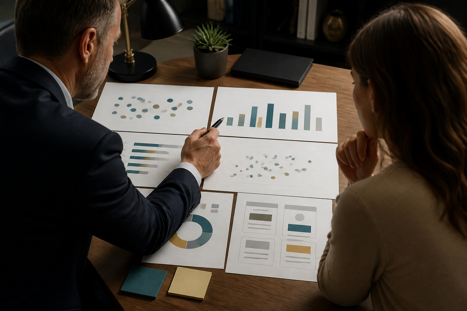 Advisor and business owner reviewing blank analytics sheets and abstract charts for query coverage