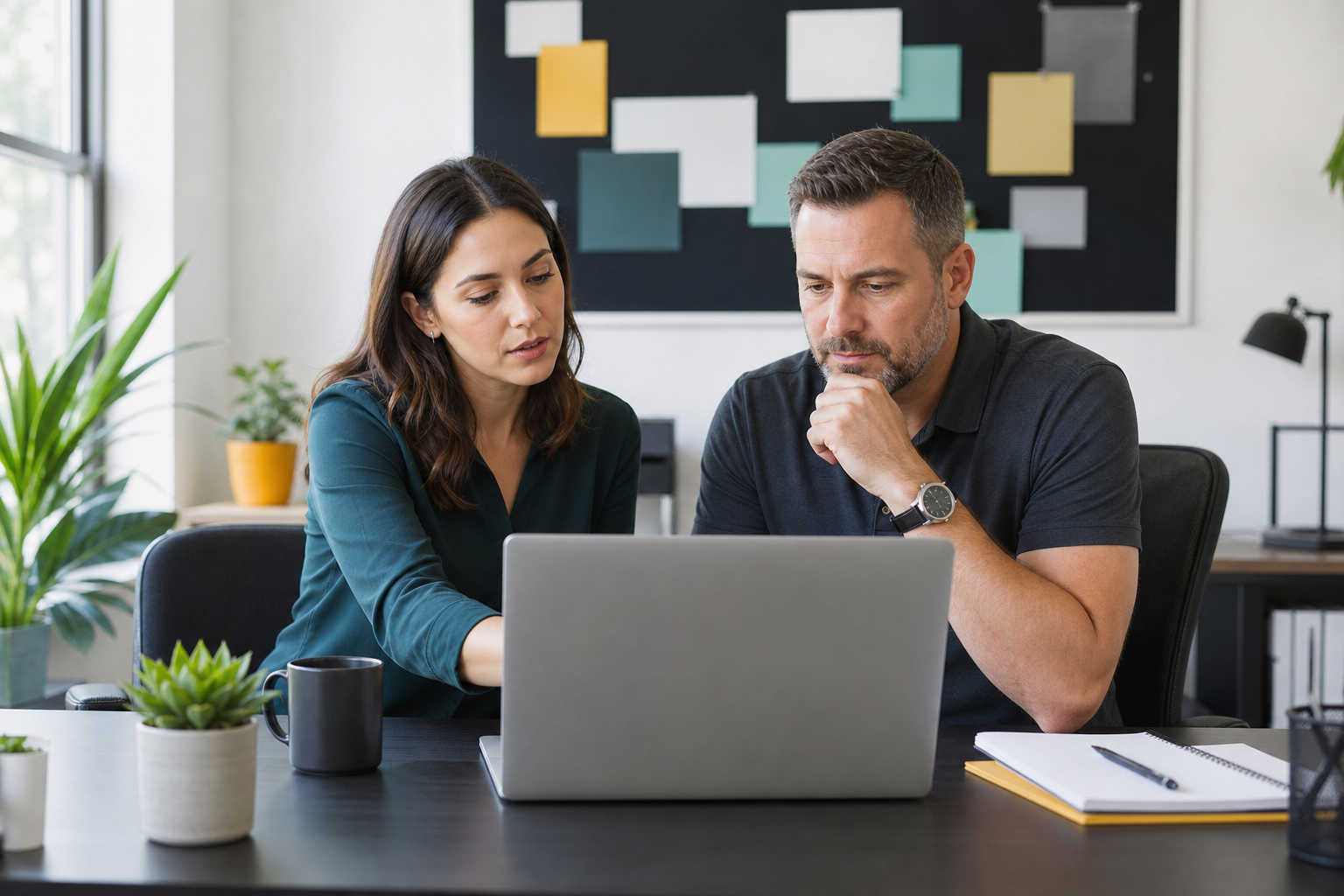 Small business owner and marketer reviewing SEO fundamentals for AI search on an unreadable laptop screen