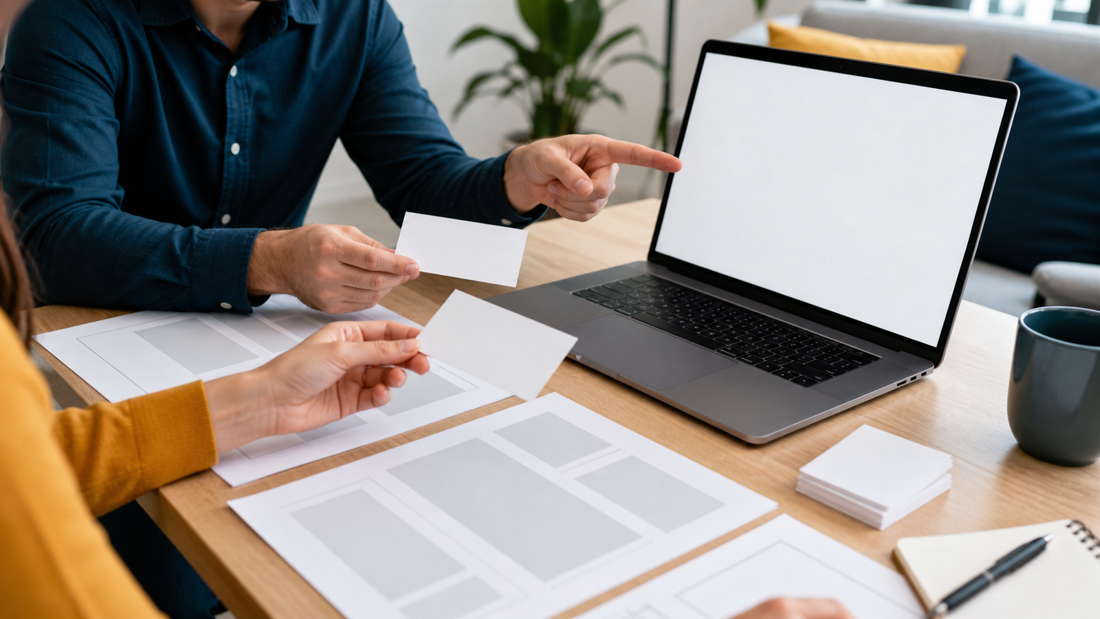 Advisor and owner reviewing a blank service page layout against query fan-out brief cards
