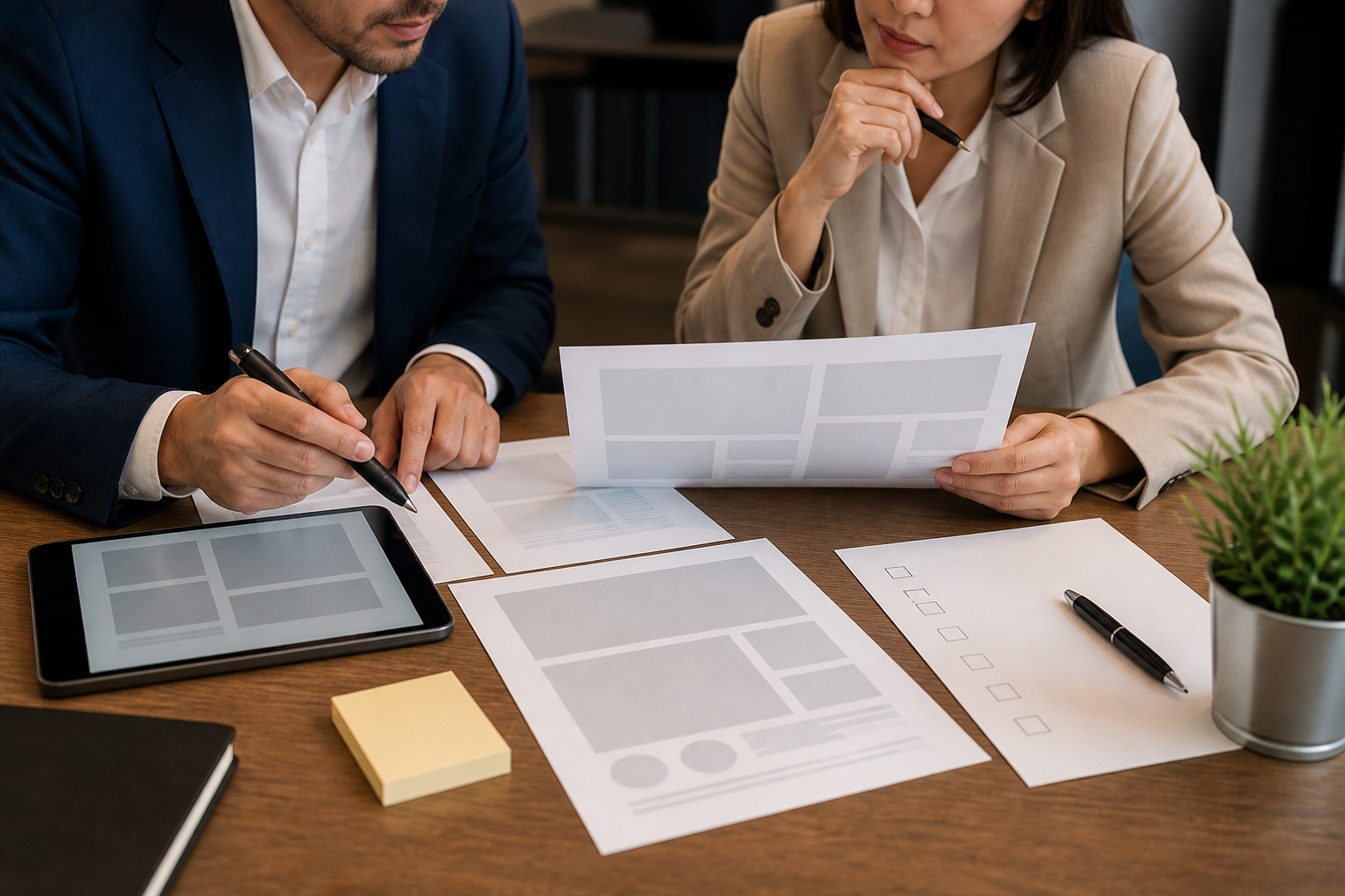 Business owner and consultant auditing blank service page mockups for buyer follow-up questions