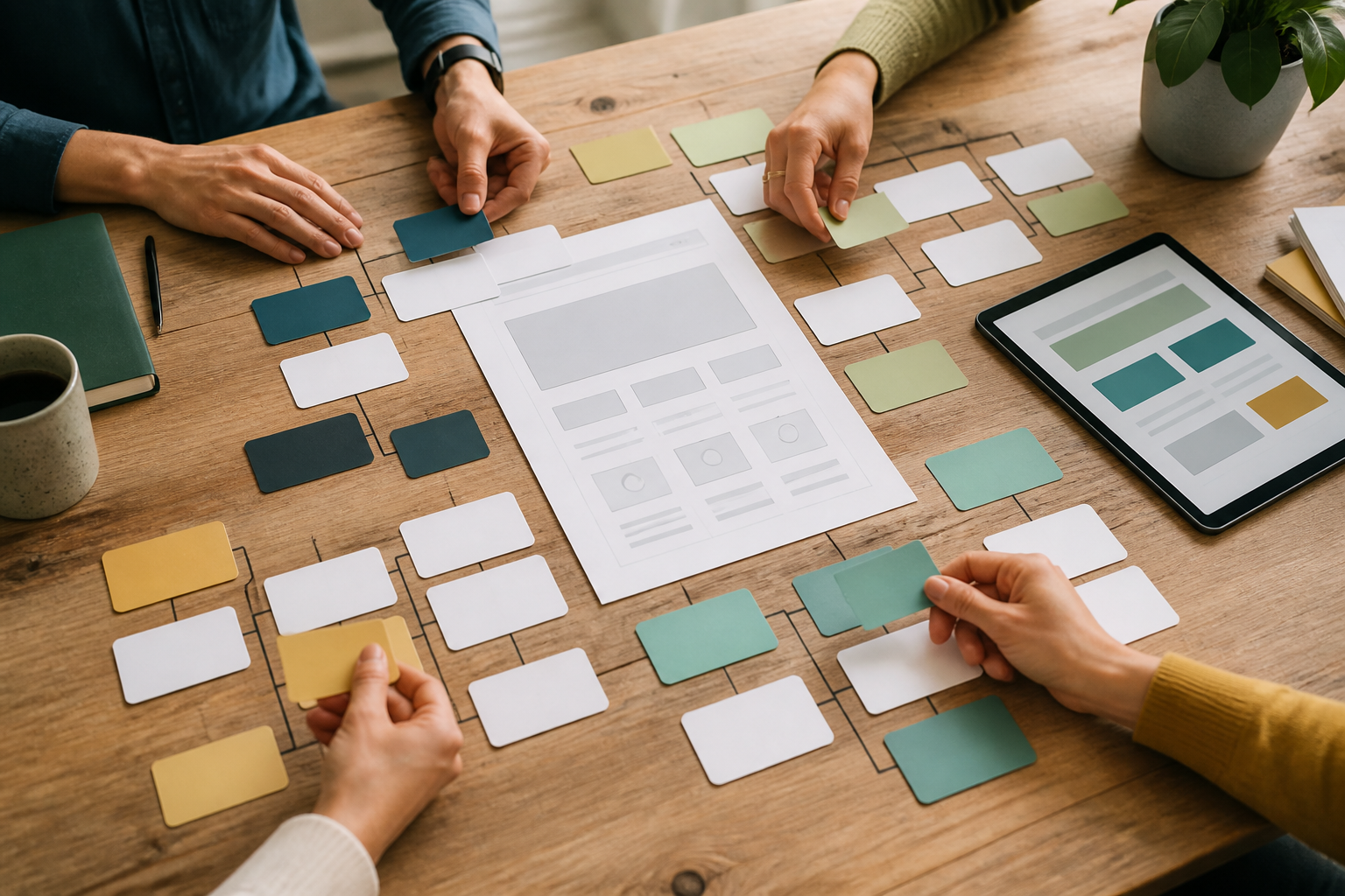 Small service business team auditing one blank service page against several buyer question paths