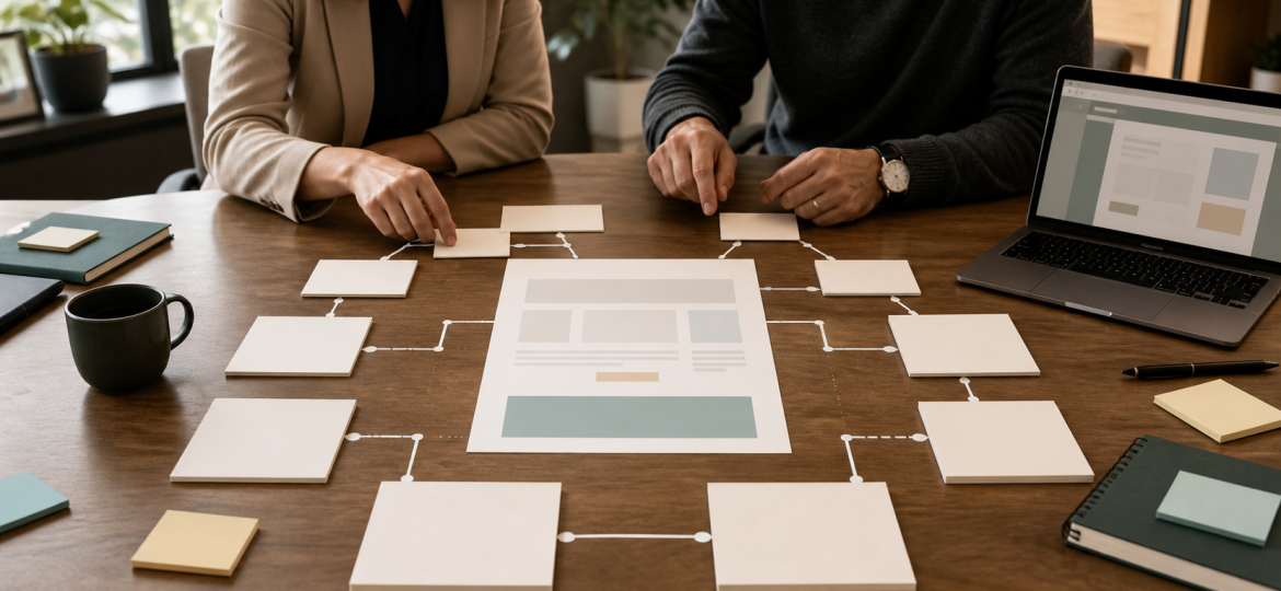 Small business owner and advisor structuring one blank service page around multiple search paths