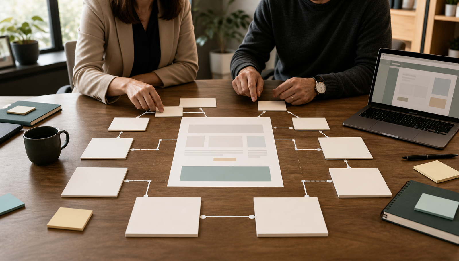 Small business owner and advisor structuring one blank service page around multiple search paths