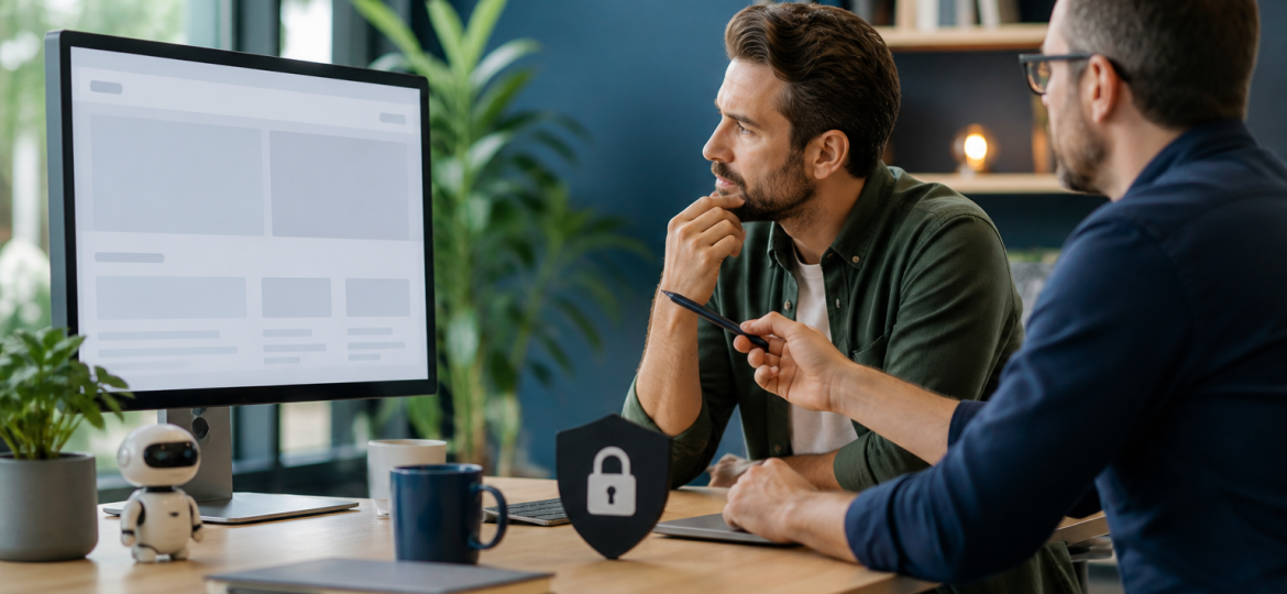 Small business owner and technical advisor reviewing AI crawler access decisions for a public website