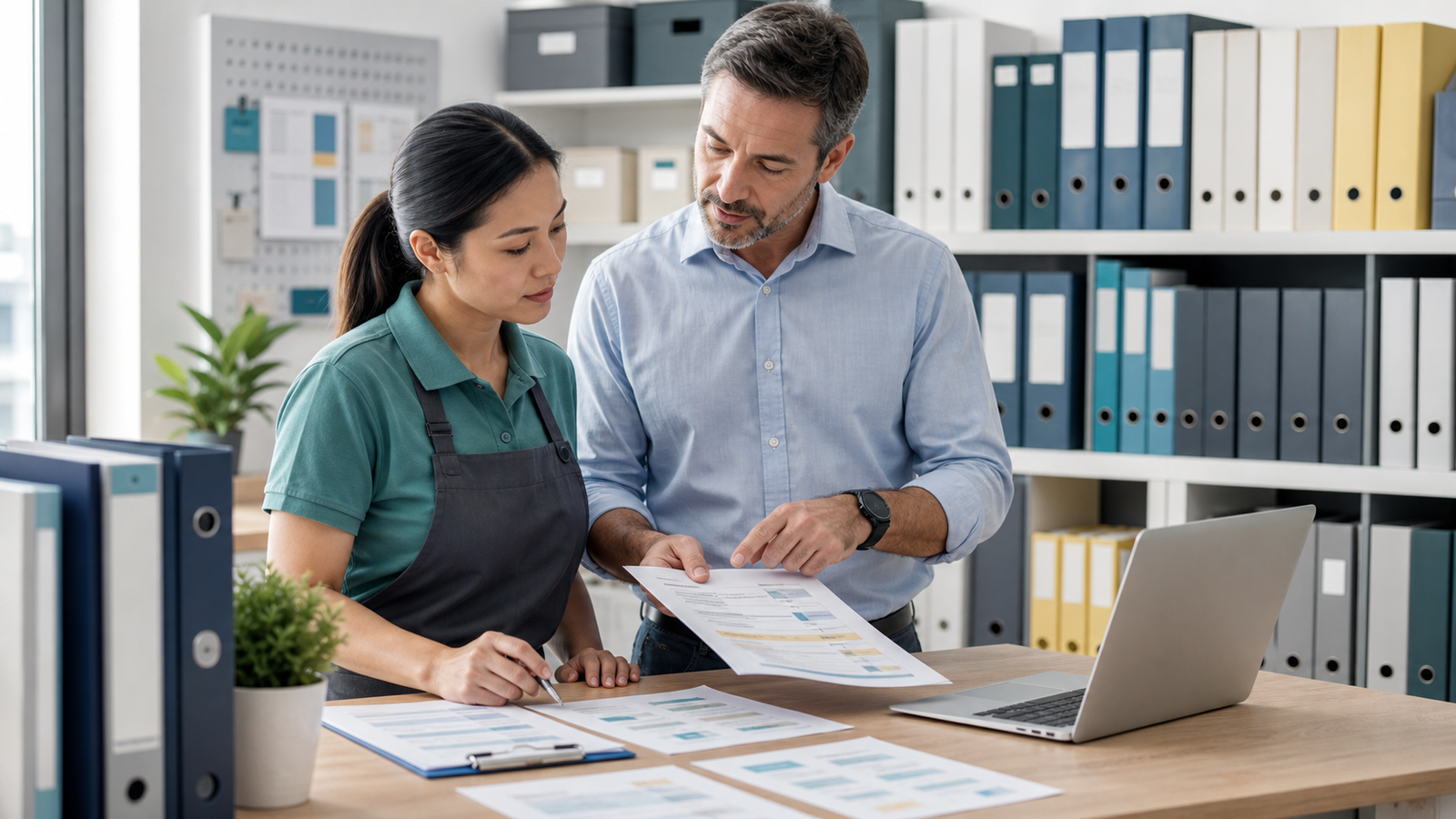 Operations manager and employee reviewing an SOP library for repeatable small business work