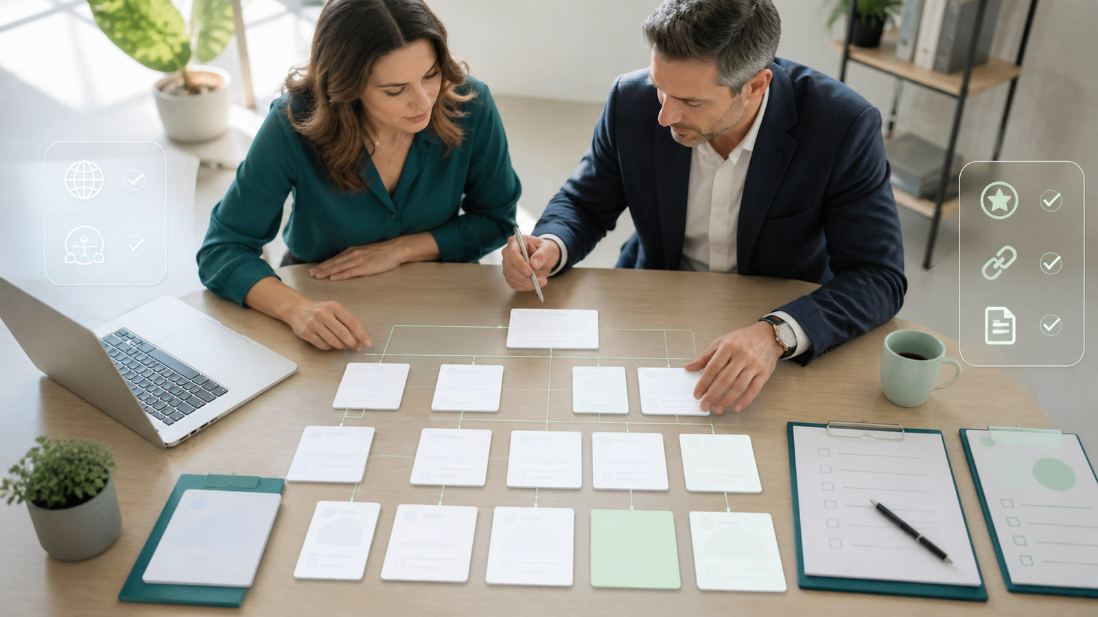 Business owner and consultant arranging blank website page cards for an AI Overview source eligibility review