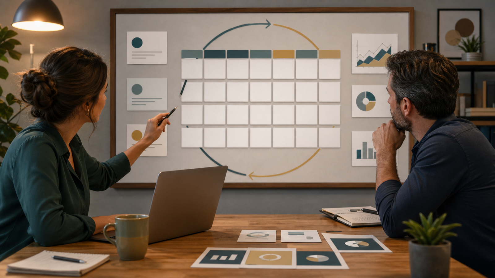 Business owner and advisor reviewing an abstract 30-day measurement loop with blank calendar cards