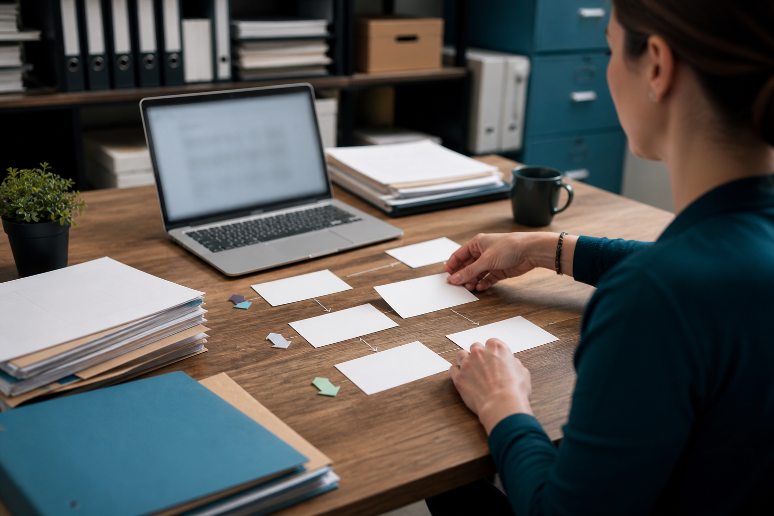 Small business admin employee arranging blank cards into a predictable rule-based workflow