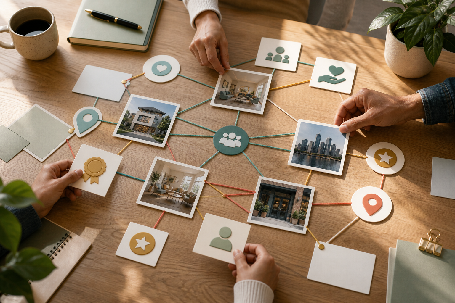 Trusted source cards, proof badges, and location icons connected in a business credibility audit