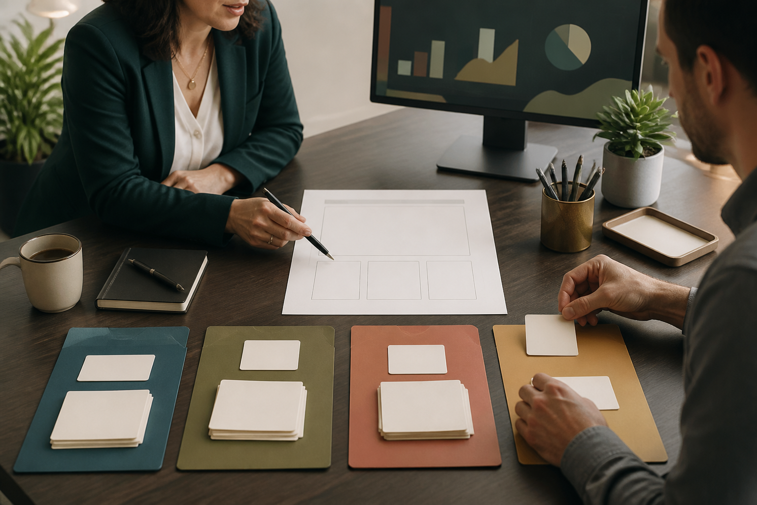 Advisor and business owner sorting blank cards into update, FAQ, support article, and skip decisions