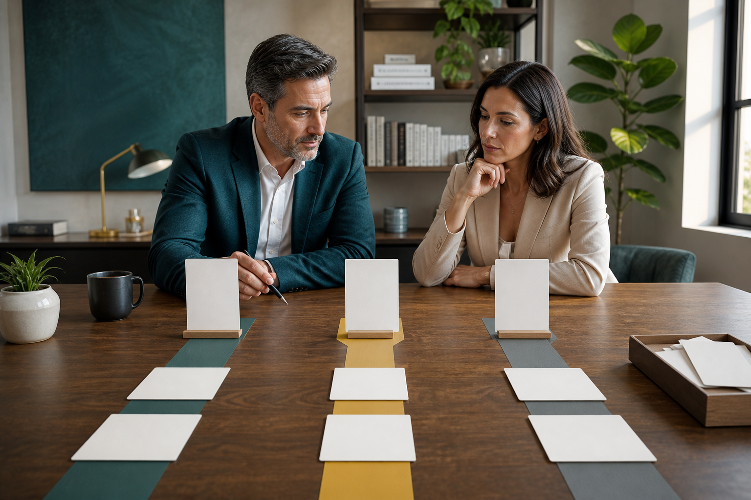 Business owner and advisor comparing blank paths for update, publish, and skip decisions