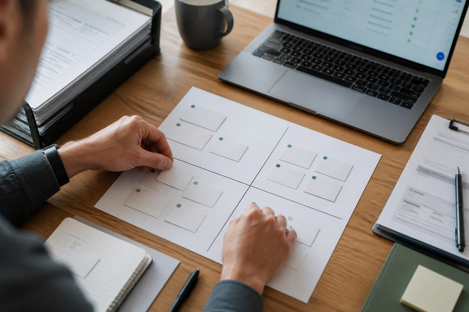 Operations manager arranging unreadable workflow cards into a priority grid for AI automation