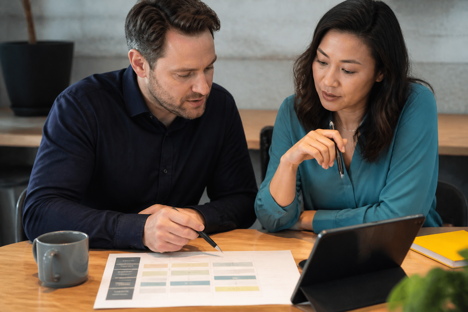 Small business owner reviewing a decision scorecard for AI search optimization support
