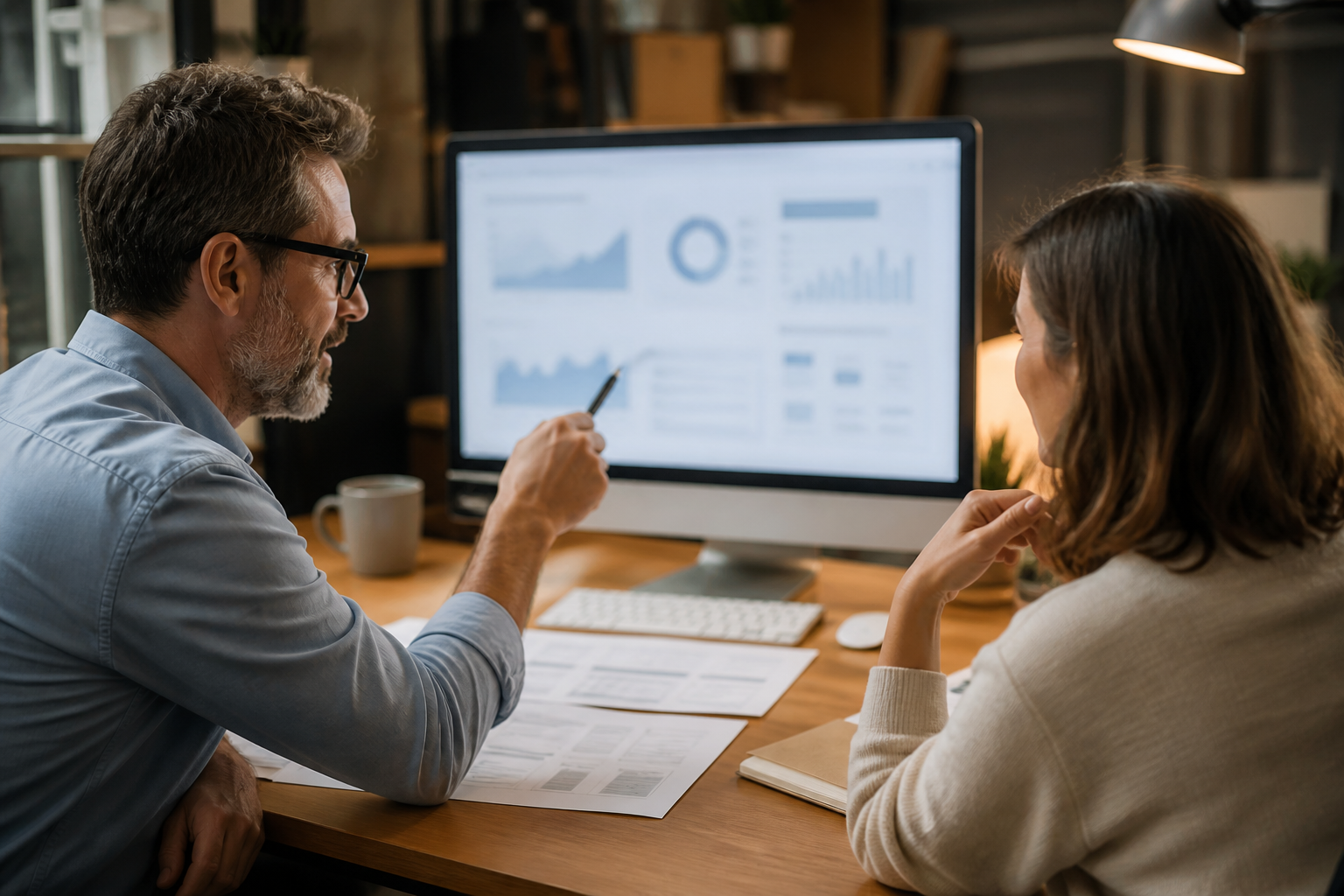 Business owner and consultant reviewing abstract AI search visibility measurement