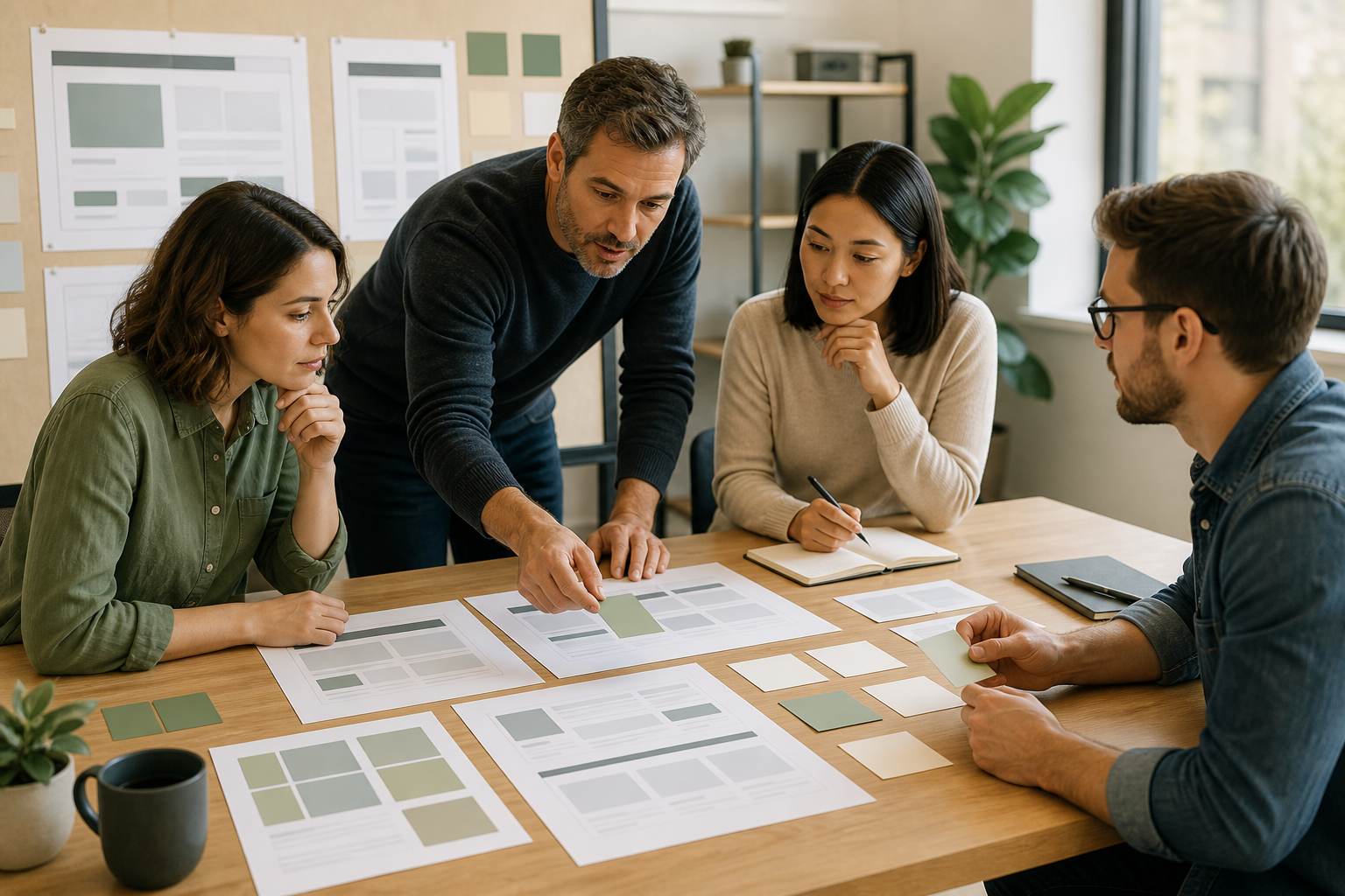 Small professional services team reviewing blank website page mockups and content gap cards