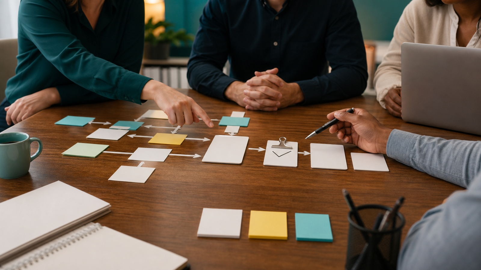Small business team mapping a narrow workflow with blank cards and a human review point