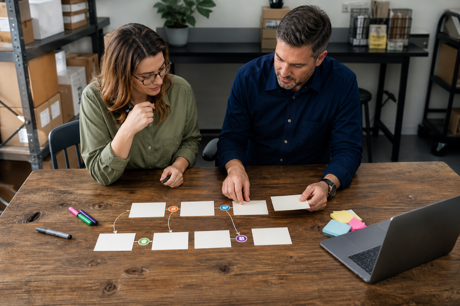 Operations manager and assistant planning a repeated workflow automation with blank cards