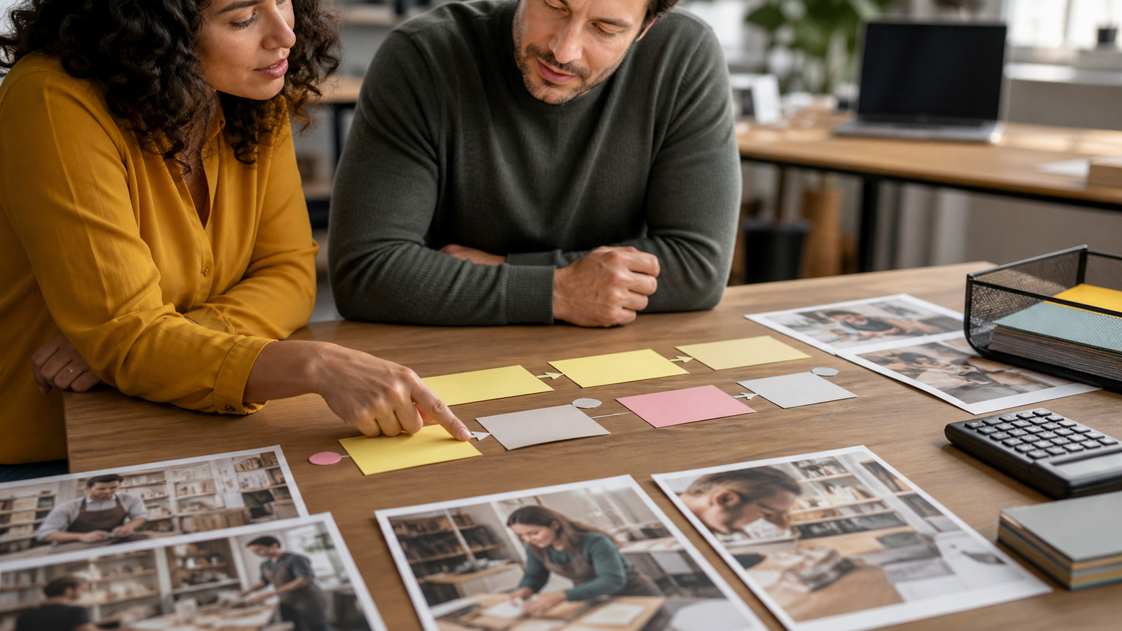 Professionals arranging blank workflow cards to document an original business process example