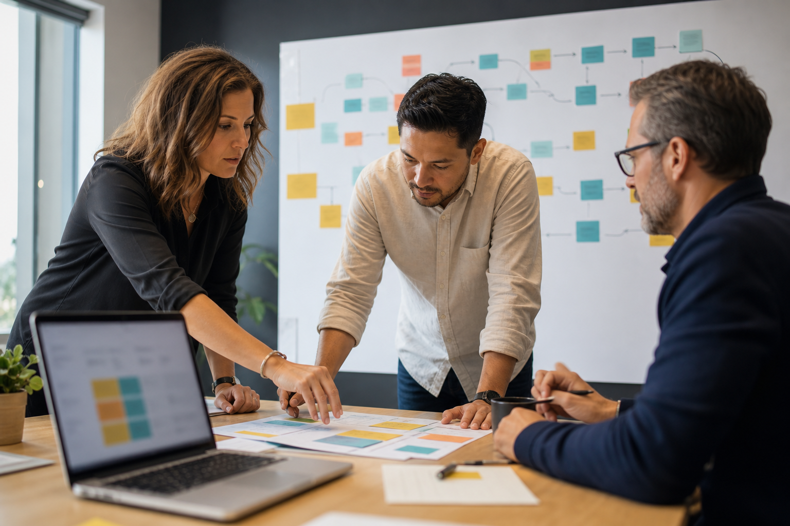 Small business team mapping workflow steps with an AI automation consultant during a business assessment