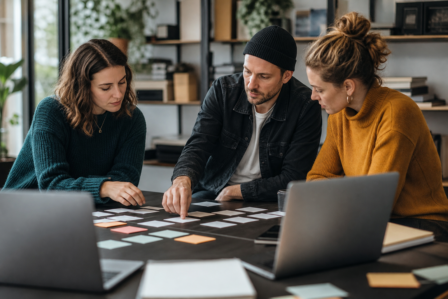Small business team sorting workflow priorities with blank cards and unreadable screens