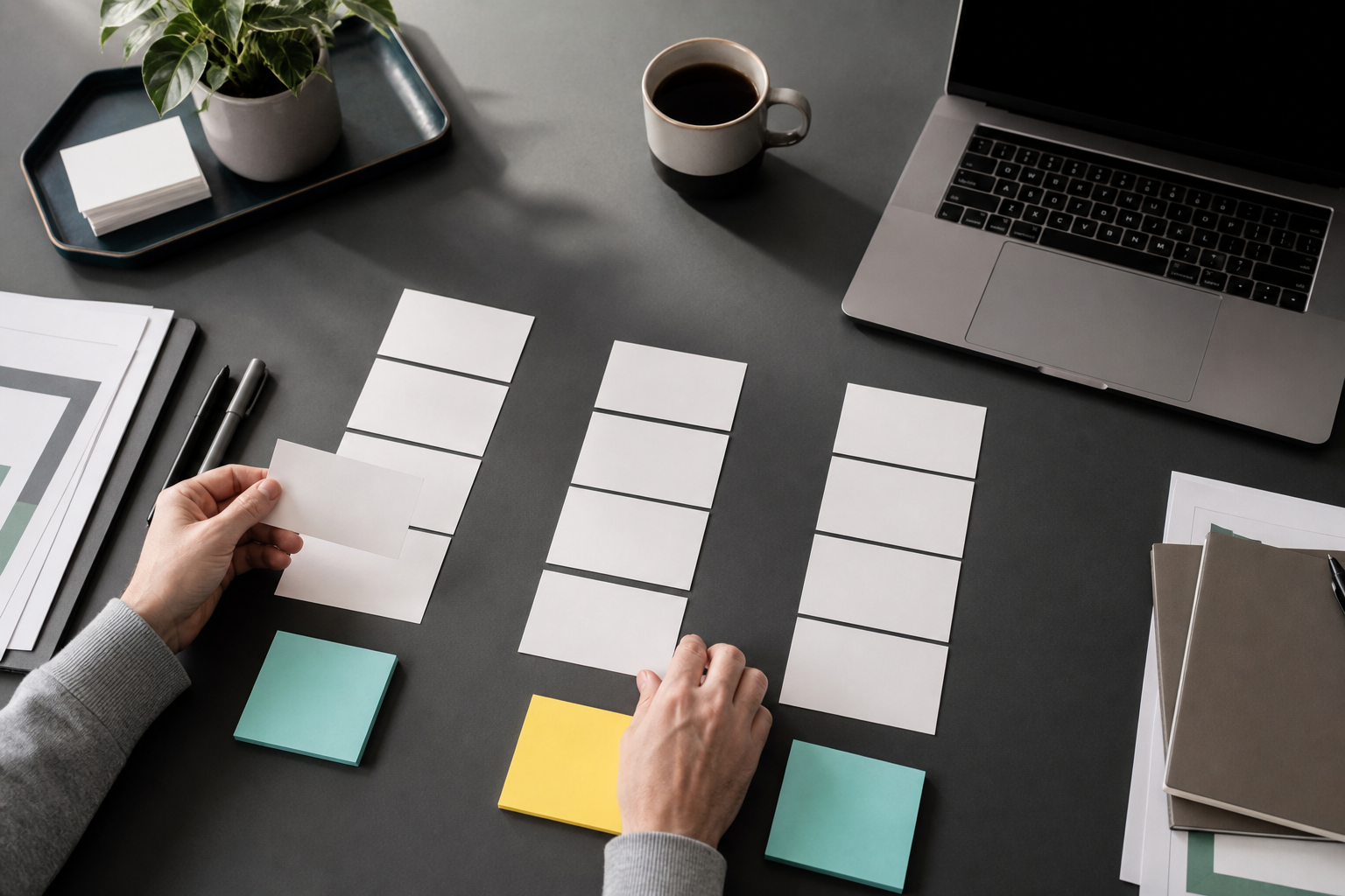 Blank cards being sorted into workflow assessment groups on a small business desk