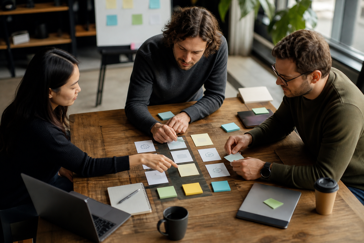 Small business team scoring workflow readiness with text-free cards and abstract process notes