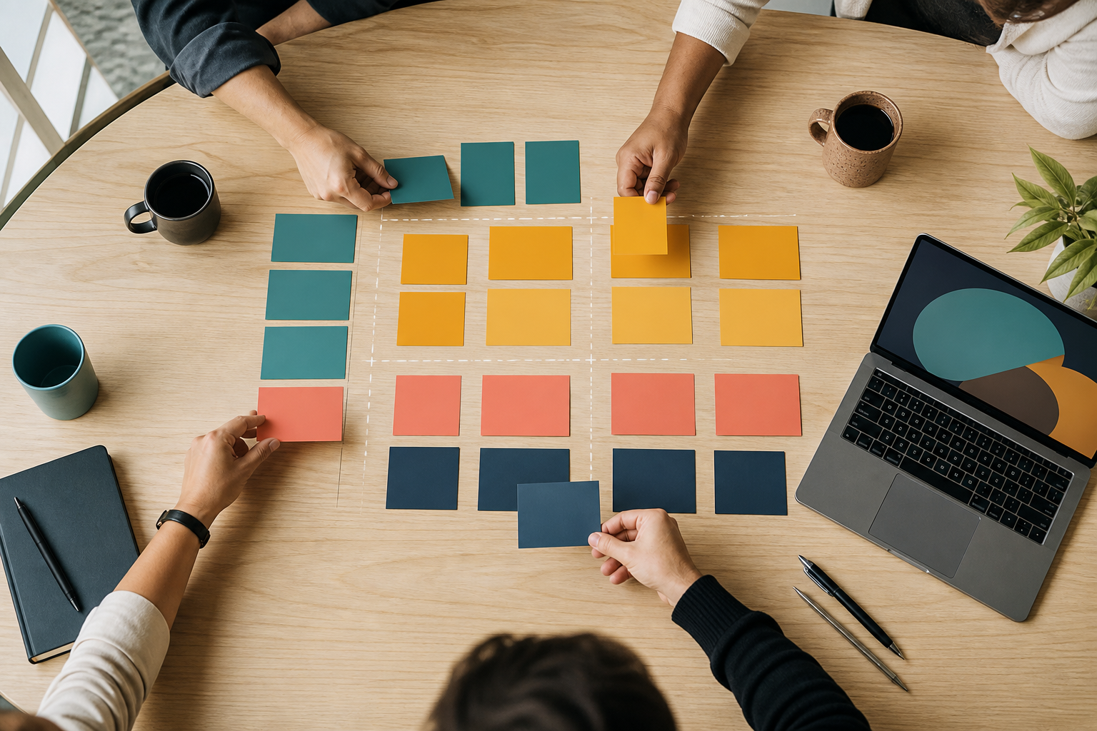 Blank colored cards being grouped to score repeated workflows for an AI assessment