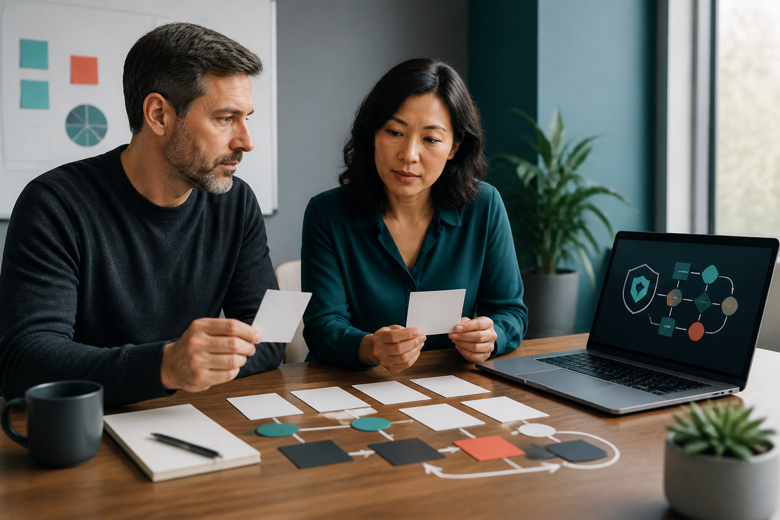Small business operators reviewing blank approval cards to score workflow risk before AI use