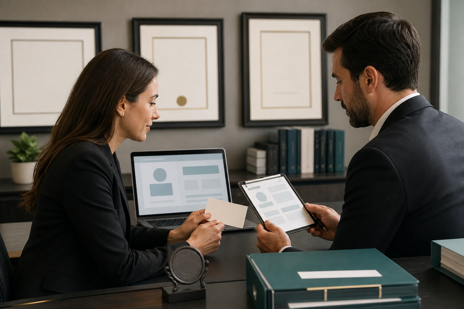 Accounting professionals reviewing blank credential cards and abstract profile pages