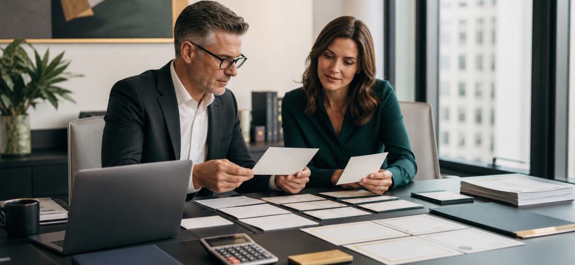 Accounting firm partner and operations lead reviewing credibility evidence for AI search visibility