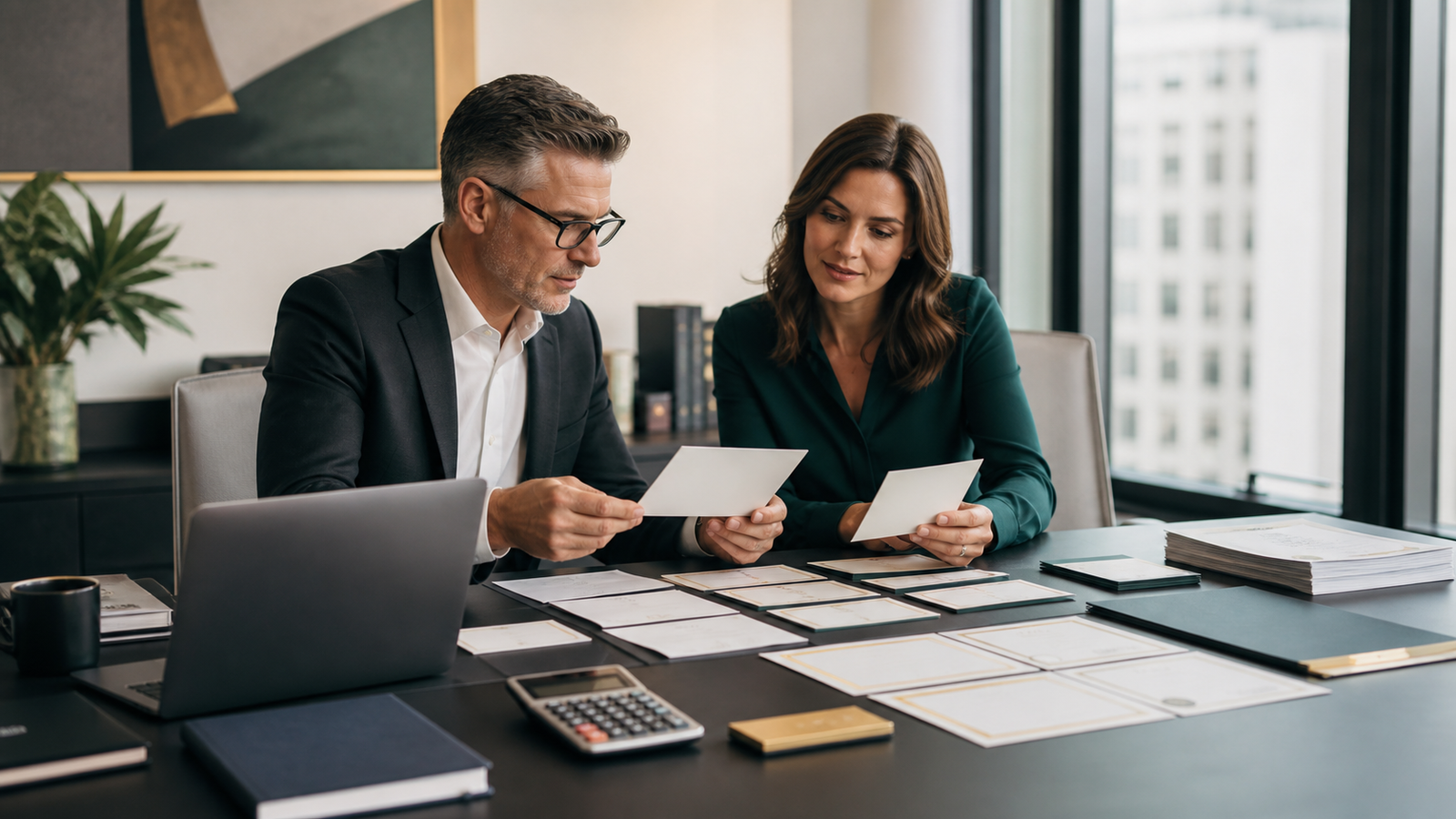 Accounting firm partner and operations lead reviewing credibility evidence for AI search visibility