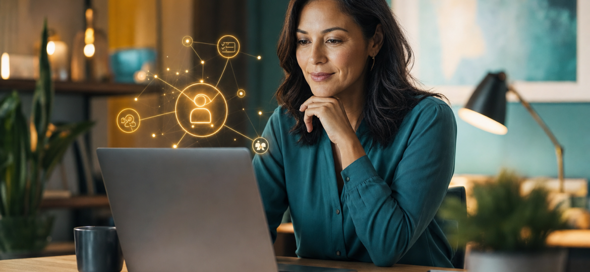 A small business team reviewing workflow diagrams with AI agent icons integrated into their daily operations