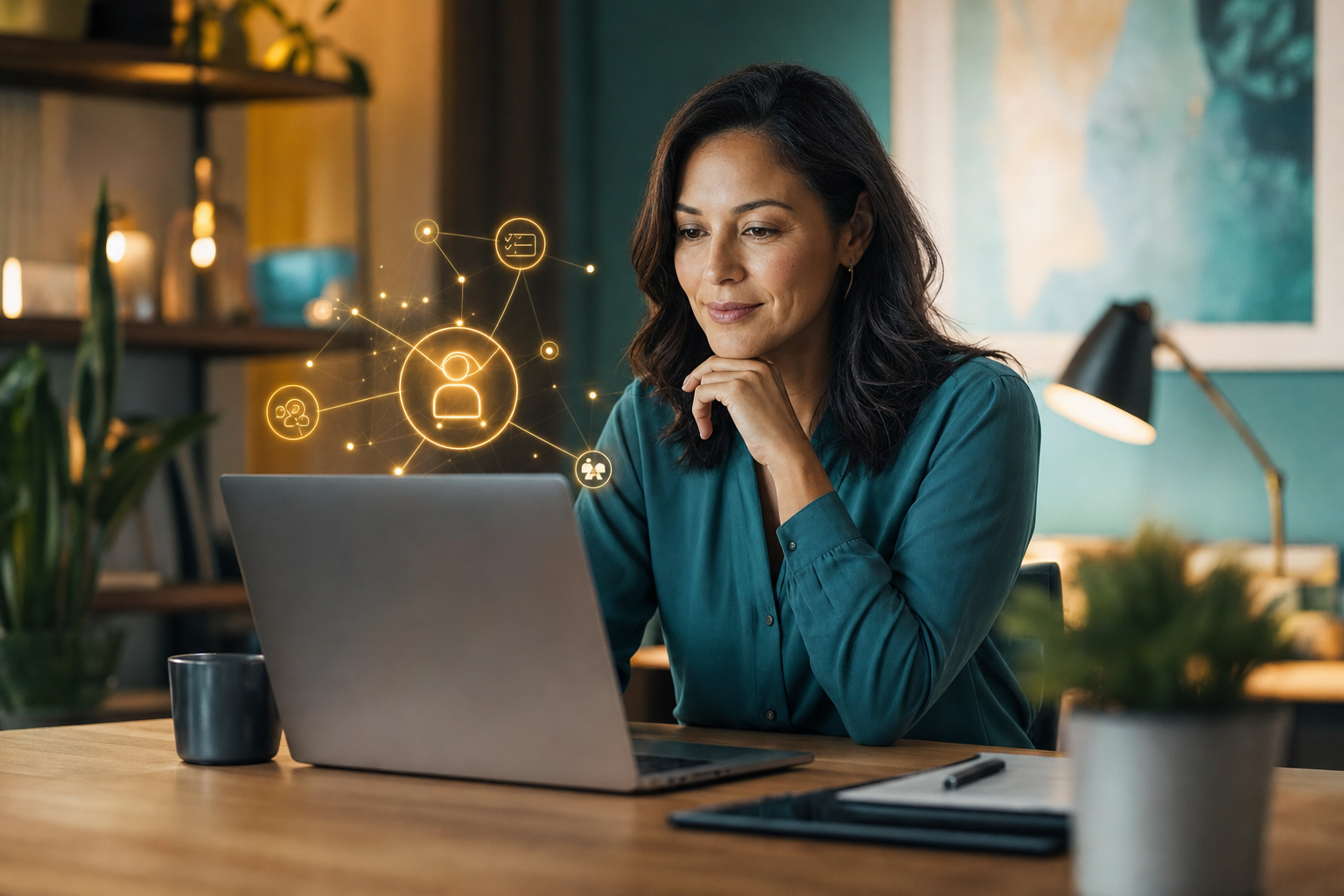 A small business team reviewing workflow diagrams with AI agent icons integrated into their daily operations