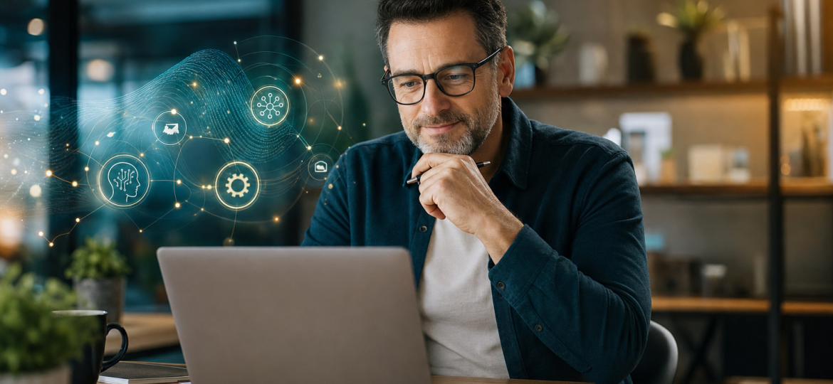 Small business team collaborating with AI-powered dashboards and workflow automations