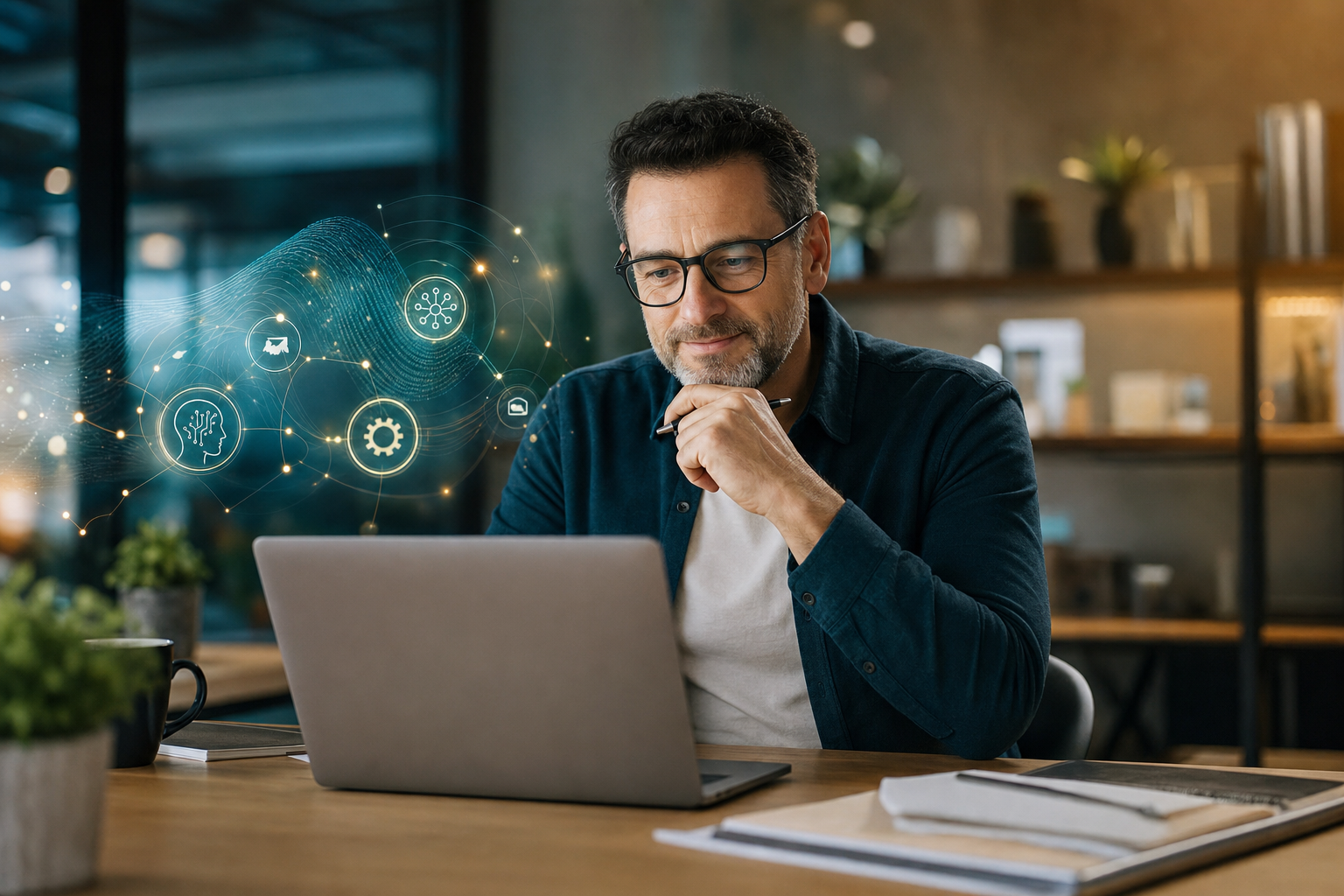 Small business team collaborating with AI-powered dashboards and workflow automations