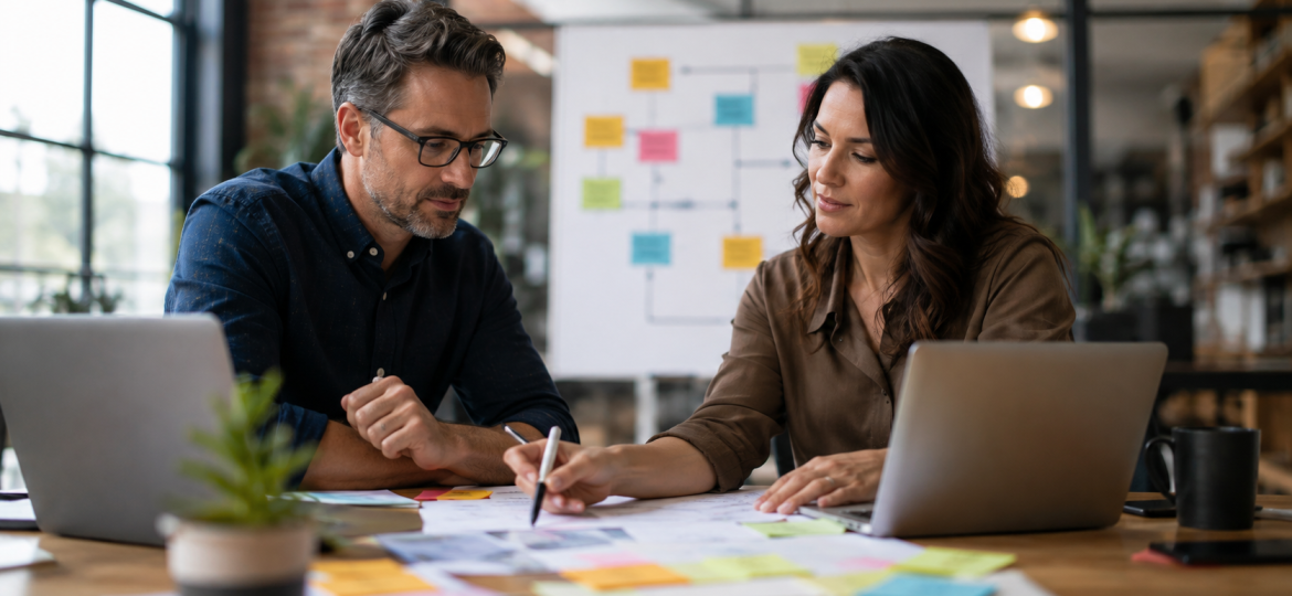 Small business owner and operations lead planning a first AI automation implementation workflow