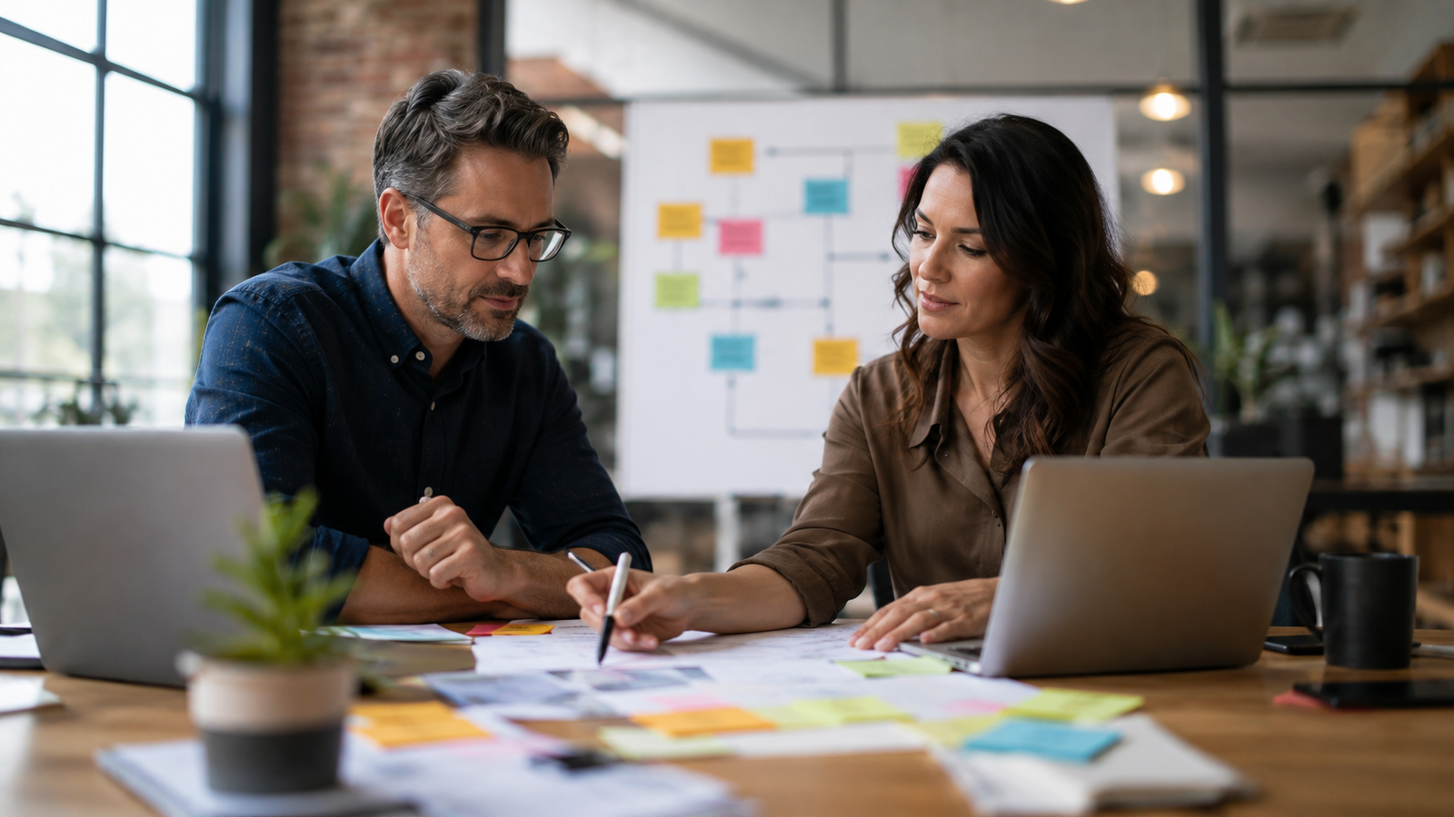 Small business owner and operations lead planning a first AI automation implementation workflow
