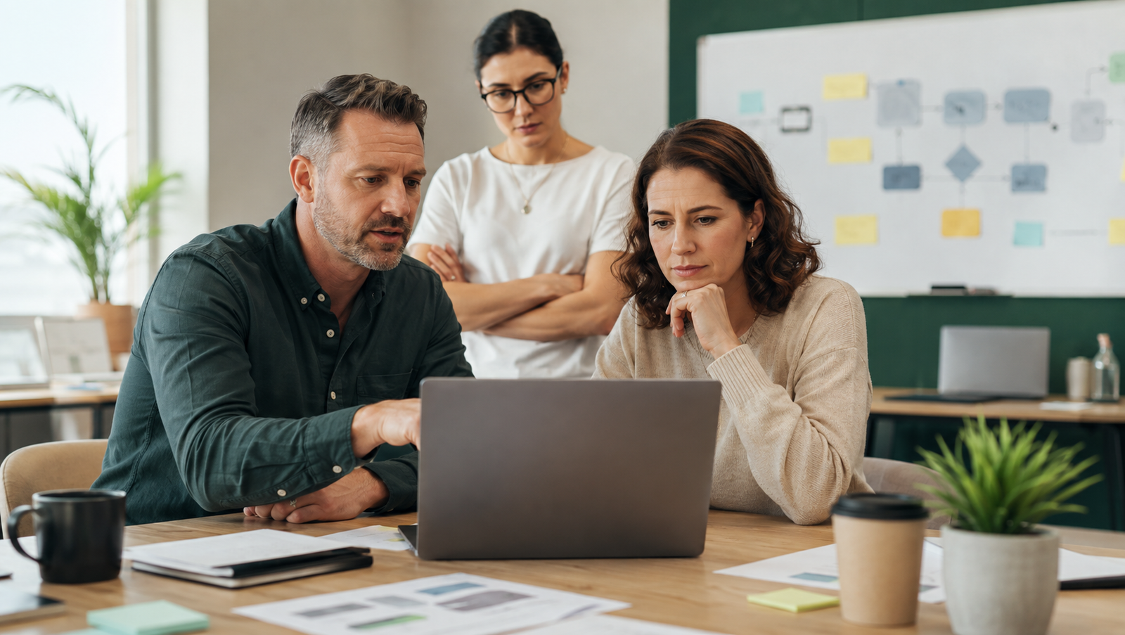 Small business team testing one AI automation pilot before scaling
