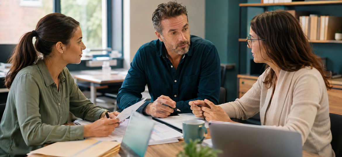 Small service business team reviewing repeated client work before AI automation