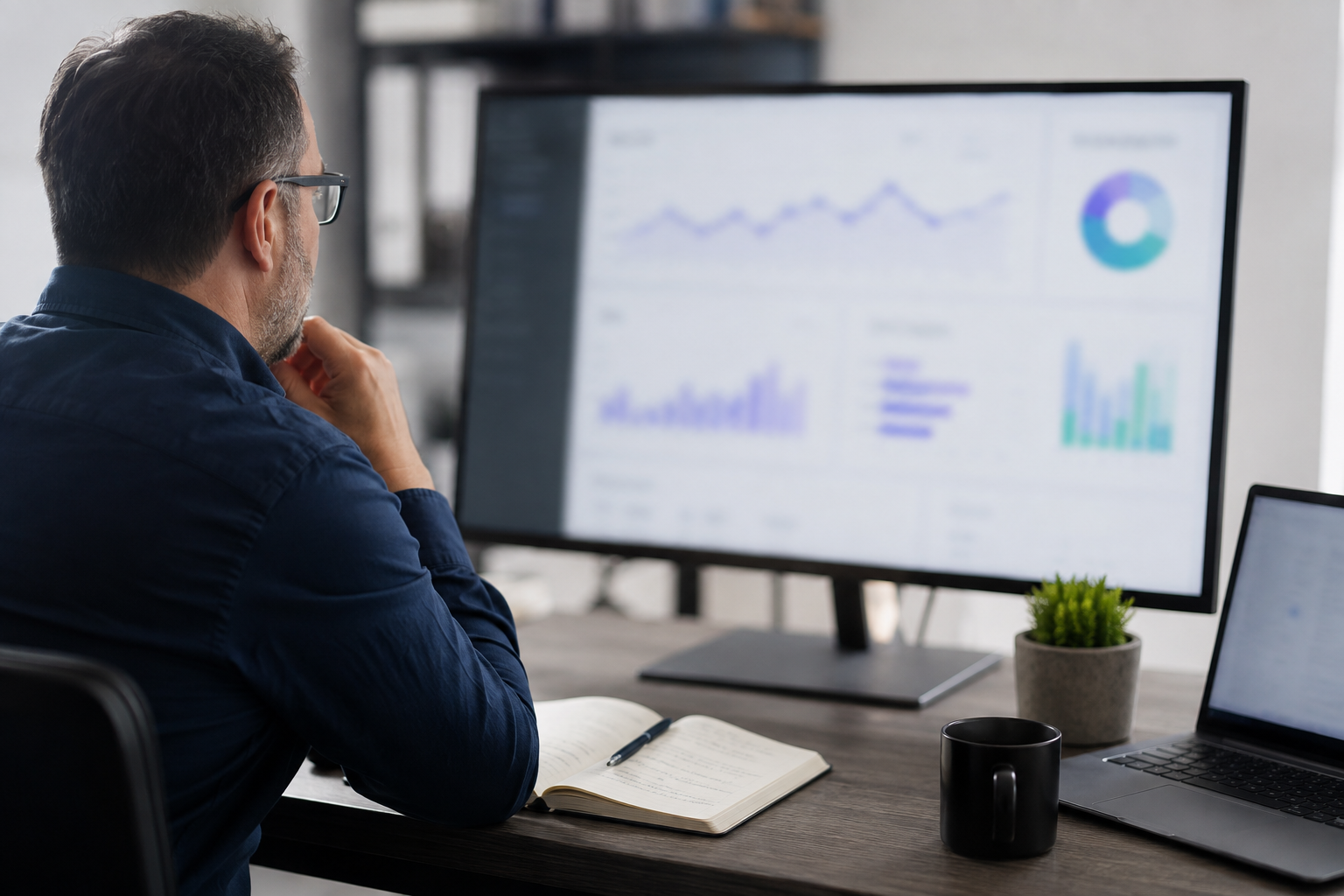 Small business owner reviewing blurred AI visibility measurement trends on a large monitor