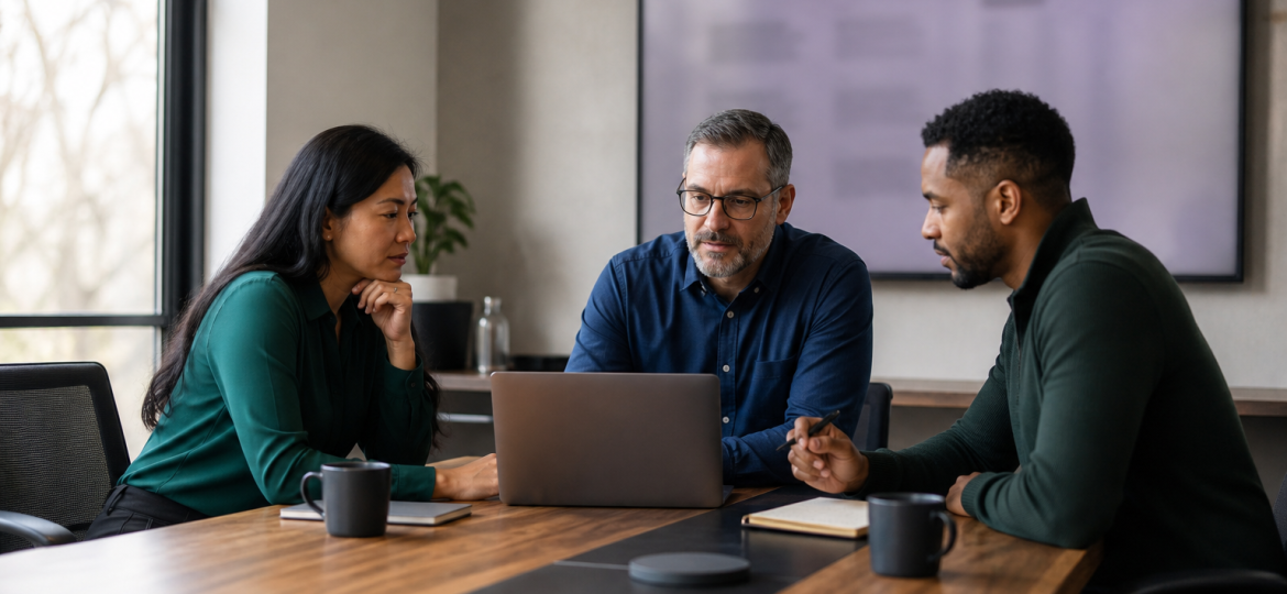 Small B2B leadership team reviewing an AI-assisted vendor shortlist before visiting vendor websites