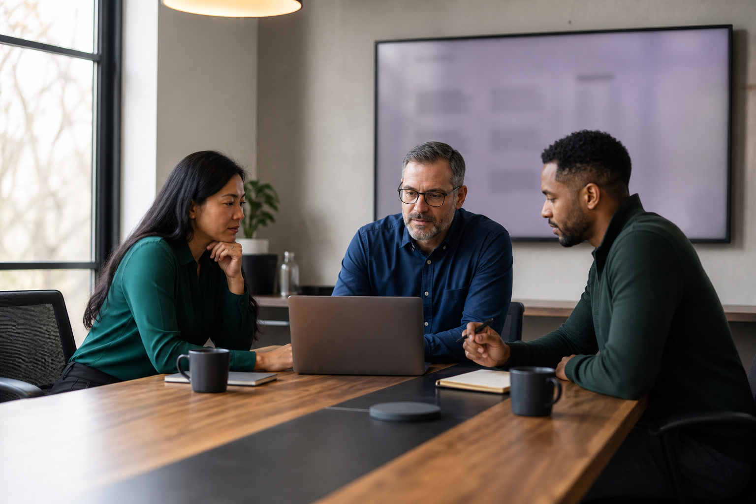 Small B2B leadership team reviewing an AI-assisted vendor shortlist before visiting vendor websites