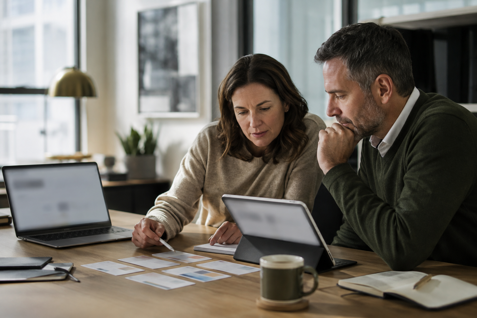 B2B buyer team reviewing blurred AI-assisted research and vendor options before website visits