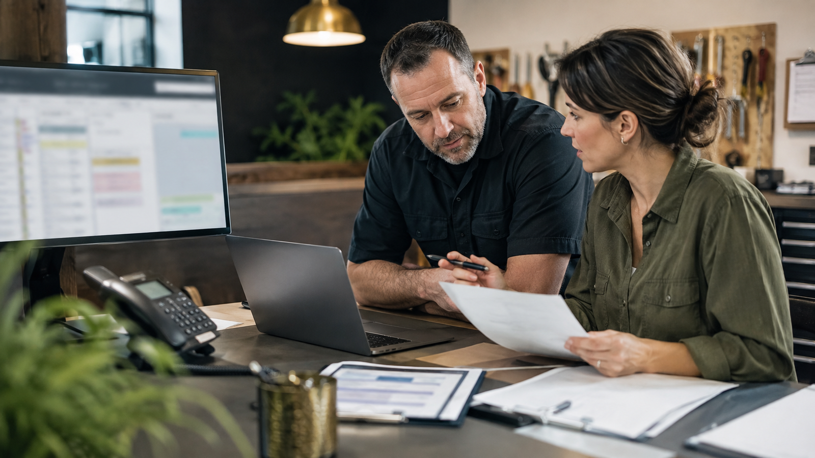 Service business owner and coordinator reviewing client intake details before automation