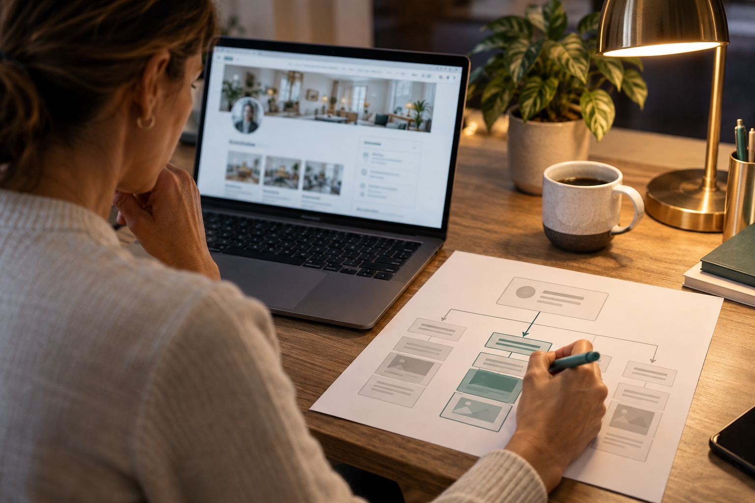 Business owner mapping a clean path from company profile to one website revenue page