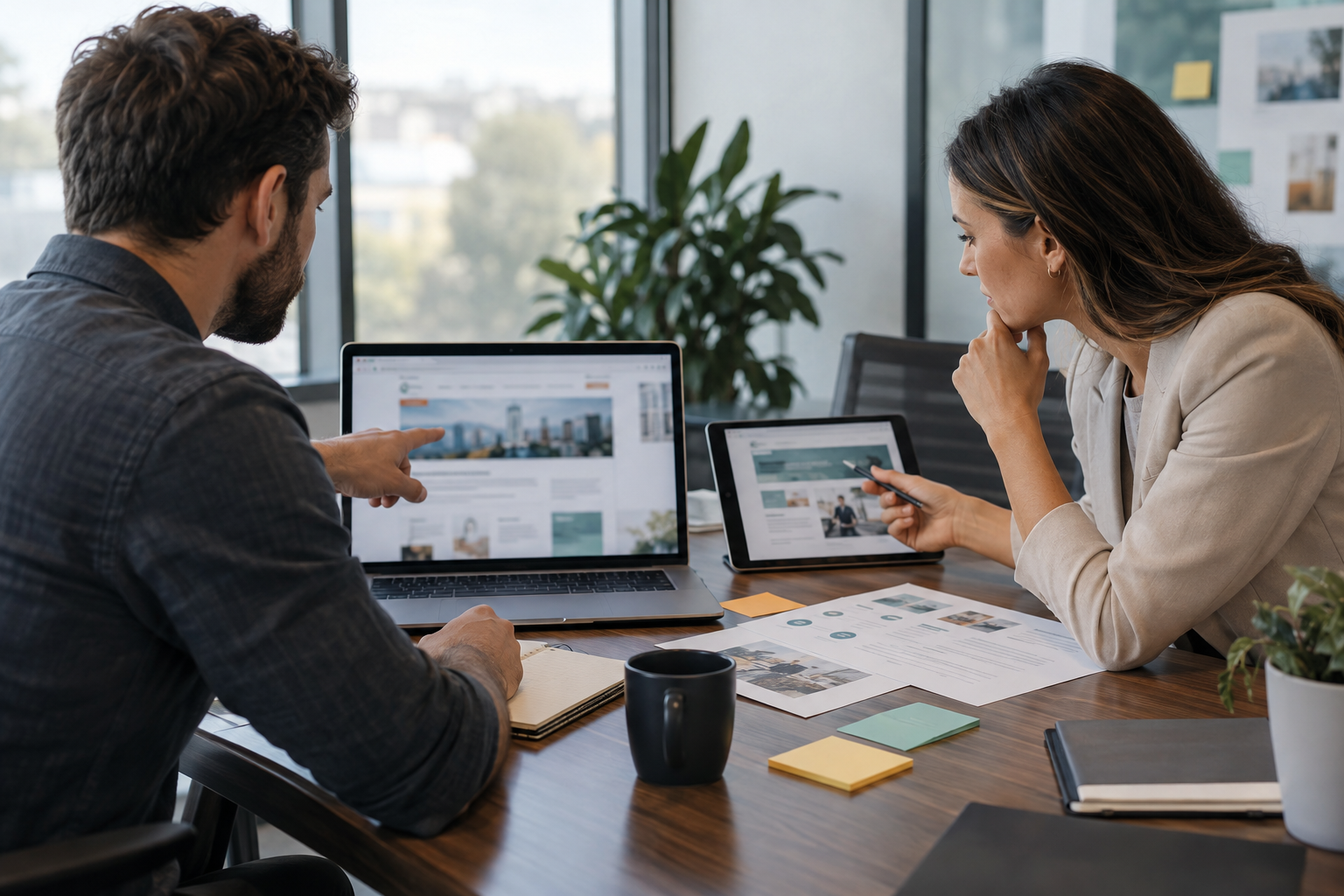 Founder and marketing manager auditing a LinkedIn Company Page against a website service page