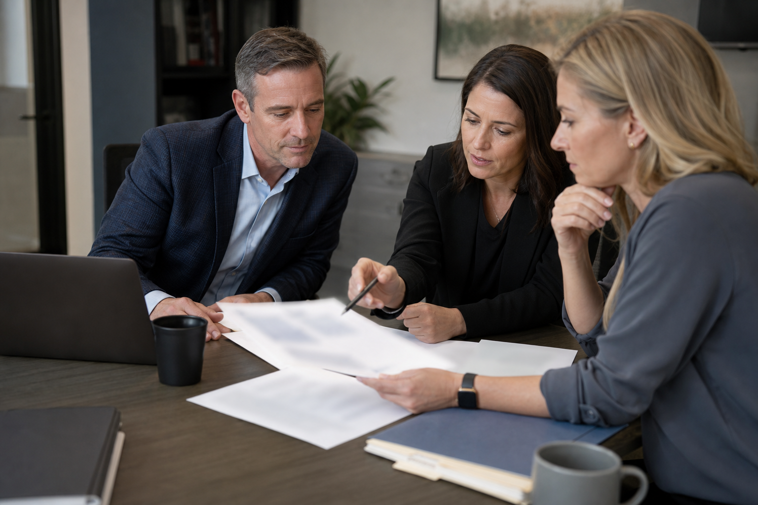 Small B2B team reviewing blurred proof materials and public authority signals