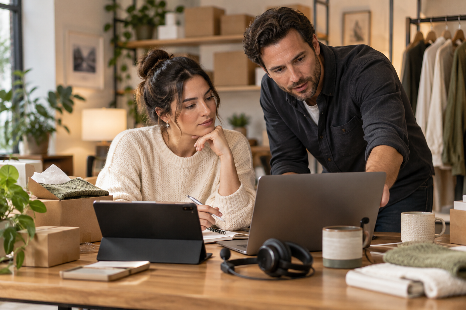 Ecommerce owner and support lead reviewing customer questions and follow-up drafts with human approval
