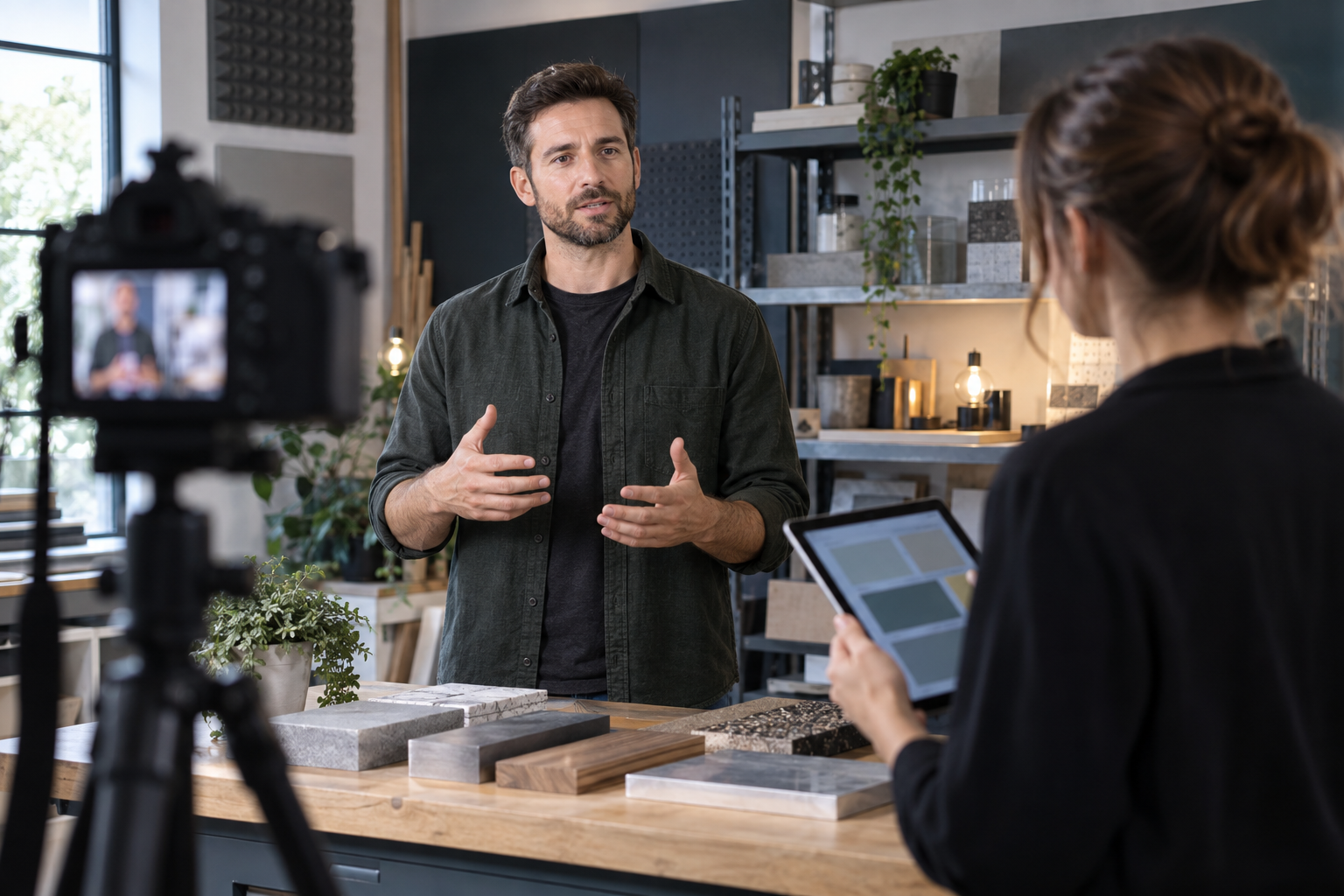 Subject-matter expert recording a practical explanation beside a workbench